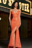 Sparkly Orange Sequins Mermaid Spaghetti Straps Long Prom Dress With Criss Cross Back