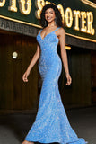 Gorgeous Light Blue Mermaid V Neck Long Sequined Prom Dress