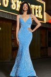 Gorgeous Light Blue Mermaid V Neck Long Sequined Prom Dress