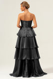 Dark Green Tiered A Line Pleated Strapless Satin Bridesmaid Dress