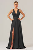 Peacock A Line Lace-Up Back Satin Bridesmaid Dress with Slit