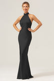 Champagne Halter Mermaid Satin Wedding Guest Dress with Back Slit