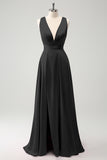 Black Simple V-Neck A Line Bridesmaid Dress with Criss Cross Back