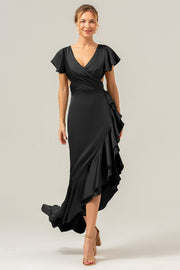 Black V Neck Satin Ruffled Asymmetrical Bridesmaid Dress with Slit