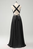 Black Simple V-Neck A Line Bridesmaid Dress with Criss Cross Back