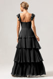 Dark Navy Tiered A-Line Off the Shoulder Sweetheart Bridesmaid Dress