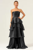 Dark Green Tiered A Line Pleated Strapless Satin Bridesmaid Dress