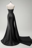 Dark Green Spaghetti Straps Side Cape Mermaid Satin Prom Dress with Slit