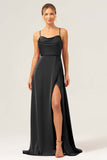 Martini A-Line Spaghetti Straps Satin Bridesmaid Dress with Slit