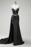 Dark Green Spaghetti Straps Side Cape Mermaid Satin Prom Dress with Slit