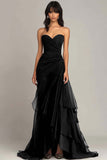 Elegant Sweetheart Ruched Ruffled Maxi Black Tie Dress