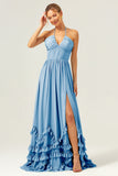 Blue Ruffled Halter Corset Chiffon Bridesmaid Dress with Slit