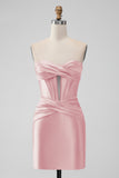 Fuchsia Bodycon Sweetheart Satin Corset Short Prom Dress