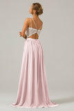 Eucalyptus A-Line Spaghetti Straps Pleated Long Bridesmaid Dress With Lace