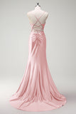 Fuchsia Spaghetti Straps Beaded Satin Mermaid Prom Dress with Slit