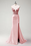 Fuchsia Spaghetti Straps Beaded Satin Mermaid Prom Dress with Slit