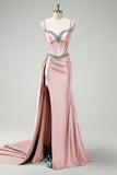 Dark Green Spaghetti Straps Side Cape Mermaid Satin Prom Dress with Slit