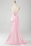 Mermaid Navy Spaghetti Straps Long Prom Dress With Slit