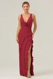 Terracotta V Neck Ruffled Sheath Flower Bridesmaid Dress with Slit