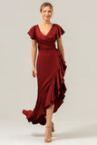 Black V Neck Satin Ruffled Asymmetrical Bridesmaid Dress with Slit