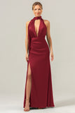 Burgundy Sheath V-Neck Satin Bridesmaid Guest Dress with Slit