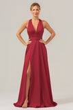 Peacock A Line Lace-Up Back Satin Bridesmaid Dress with Slit