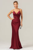 Purple Spaghetti Straps Twist Front Satin Mermaid Bridesmaid Dress