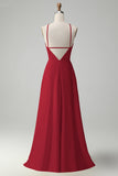 Burgundy A Line Halter Keyhole Long Bridesmaid Dress with Flower