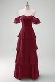 Burgundy A-Line Tiered Off the Shoulder Long Bridesmaid Dress