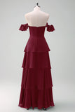 Burgundy A-Line Tiered Off the Shoulder Long Bridesmaid Dress