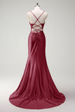 Fuchsia Spaghetti Straps Beaded Satin Mermaid Prom Dress with Slit