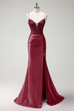 Fuchsia Spaghetti Straps Beaded Satin Mermaid Prom Dress with Slit