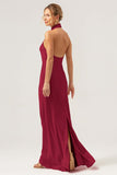 Champagne Halter Mermaid Satin Wedding Guest Dress with Back Slit