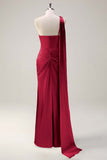 Burgundy One Shoulder Sheath Ruched Satin Bridesmaid Dress