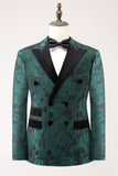 Dark Green Peak Lapel Double Breasted 2 Piece Jacquard Men's Prom Suits