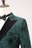 Dark Green Peak Lapel Double Breasted 2 Piece Jacquard Men's Prom Suits