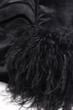 Black Velvet Peak Lapel Women Coat with Feathers