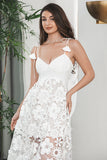 White Boho Flower Sheath Spaghetti Straps Long Party Dress with Lace