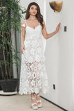 White Boho Flower Sheath Spaghetti Straps Long Party Dress with Lace