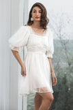 Tulle Pleated Little White Dress with Lace-up Back