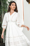 White 3/4 Sleeves Boho Engagement Party Dress with Lace