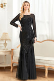 Mermaid Sequins Boat Neck Black Mother of the Bride Dress with Long Sleeves