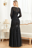 Mermaid Sequins Boat Neck Black Mother of the Bride Dress with Long Sleeves