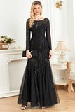 Mermaid Sequins Boat Neck Black Mother of the Bride Dress with Long Sleeves