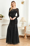 Mermaid Sequins Boat Neck Black Mother of the Bride Dress with Long Sleeves