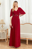 Glitter V-Neck Burgundy Mother of the Bride Dress with Cape