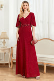 Glitter V-Neck Burgundy Mother of the Bride Dress with Cape