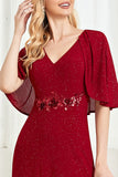 Glitter V-Neck Burgundy Mother of the Bride Dress with Cape