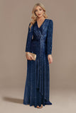 Glitter Navy Mother of the Bride Dress with Long Sleeves