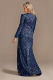 Glitter Navy Mother of the Bride Dress with Long Sleeves